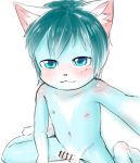  2018 balls blue_eyes blush censored child choreuny felid feline male mammal navel nipples penis solo young 