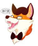  2019 ambiguous_gender anthro bow_tie bowler_hat canid canine clothed clothing digital_media_(artwork) dis eyewear fangs fox fur glasses grin hat head_shot headgear headwear hi_res madcheshirefox mammal open_mouth simple_background smile 