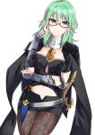  1girl absurdres armor black_shorts byleth_(fire_emblem) byleth_(fire_emblem)_(female) closed_mouth dagger fire_emblem fire_emblem:_three_houses glasses green_eyes green_hair highres medium_hair pantyhose red-framed_eyewear scabbard sheath sheathed short_shorts shorts simple_background solo sword weapon white_background zero-theme 