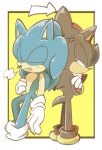  anthro black_fur blue_fur border breath clothing cross-popping_vein crossed_arms duo eulipotyphlan footwear fur gloves handwear hedgehog leaning looking_at_another male mammal red_eyes red_fur shadow_the_hedgehog shoes sikai simple_background smile sonic_(series) sonic_the_hedgehog standing vein white_border yellow_background 