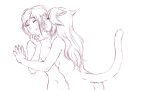  anthro bakaneko breasts claws domestic_cat duo felid feline felis female female/female hair human human_on_anthro human_to_anthro interspecies licking line_art long_hair mammal monochrome nude species_transformation tongue tongue_out transformation wall_pinned whiskers 