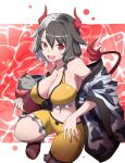  animal_ears animal_print armpit_peek ass_visible_through_thighs bare_shoulders blush bow breasts cleavage collarbone commentary_request cow_ears cow_horns cow_print cow_tail eyebrows_visible_through_hair fang fingernails frilled_shorts frills haori horns japanese_clothes large_breasts looking_at_viewer medium_hair multicolored_hair navel otoufu_(wddkq314band) red_eyes sandals shorts squatting tail toes touhou two-tone_hair ushizaki_urumi 