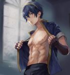  1boy abs blue_eyes blue_hair brown_gloves fingerless_gloves fire_emblem fire_emblem:_mystery_of_the_emblem gloves hashiko_(neleven) looking_at_viewer male_focus marth_(fire_emblem) navel nipples parted_lips short_sleeves solo sweat toned toned_male twitter_username undressing upper_body window 