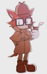  anthro boots bottomwear canid canine canis clothing coat custom_character_(sonic_forces) detective eyewear footwear full-length_portrait fur glasses gloves grey_background handwear hat headgear headwear male mammal pants portrait red_fur sikai simple_background smoking smoking_pipe solo sonic_(series) sonic_forces standing wolf yellow_eyes 