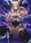  1girl ahri animal_ears bangs bare_shoulders blonde_hair blush bracelet breasts choker cleavage fox_ears heart heart_choker idol jewelry k/da_(league_of_legends) k/da_ahri league_of_legends long_hair looking_at_viewer makeup medium_breasts nipples open_mouth patreon_username paw_pose pussy pussy_juice smile solo spread_legs squatting thighhighs uncensored unfairr watermark web_address whisker_markings yellow_eyes 