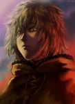  1boy blonde_hair brown_eyes cloud glaring hair_between_eyes male_focus outdoors portrait serious solo thorfinn twitter_username upper_body vinland_saga yoshigoi 