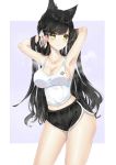  1girl absurdres animal_ears armpits azur_lane bare_arms bare_shoulders black_hair black_shorts blush breasts cat_ears cleavage collarbone commentary_request eyebrows_visible_through_hair frown highres large_breasts long_hair ribbon short_shorts shorts solo sweat white_ribbon yellow_eyes yukineko1018 