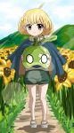  1girl absurdres ahoge barefoot_sandals blonde_hair bob_cut cape cloud cloudy_sky dr._stone english_commentary epicmilk flower food fruit full_body green_shorts highres holding holding_food holding_fruit jewelry leaf looking_at_viewer mountain necklace outdoors rope rope_necklace sandals short_hair shorts sky smile solo suika_(dr.stone) sunflower watermelon yellow_eyes 