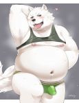  2019 anthro belly blush bodily_fluids bulge canid canine canis clothing domestic_dog fur hi_res male mammal moobs navel nikiciy nipples overweight overweight_male simple_background solo sweat tongue tongue_out underwear white_fur 
