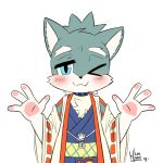  1:1 4_fingers blue_eyes blush canid canine choreuny clothed clothing cute_fangs fingers kemono male mammal one_eye_closed solo wink 