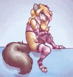  2019 4_toes 5_fingers anthro bottomless brown_fur clothed clothing crossdressing fingers fur girly legwear male mammal marten mustelid musteline pubes solo stockings stripes toes unimpressive 