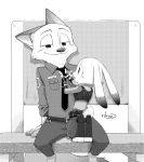  2016 absurd_res anthro canid canine clothed clothing disney duo female fox fully_clothed fur hi_res holding_object judy_hopps kneeling lagomorph leporid long_ears looking_at_viewer male mammal nick_wilde open_mouth police_uniform rabbit rear_view rikuo_(artist) sitting size_difference smile spread_legs spreading uniform zootopia 