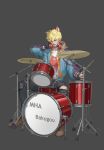  1boy absurdres animal_ears bakugou_katsuki black_gloves black_jacket black_pants blonde_hair blue_jacket boku_no_hero_academia brown_footwear cat_ears character_name commentary_request drum drumsticks extra_ears gloves grey_background headphones headphones_around_neck highres holding_drumsticks instrument jacket lingshao1994 long_sleeves looking_at_viewer male_focus open_mouth pants red_eyes shirt shoes short_hair simple_background sitting spiked_hair tongue tongue_out torn_clothes torn_pants white_shirt 