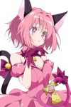  1girl animal_ears bare_shoulders bell blush breasts cat_ears cat_tail character_request cleavage closed_mouth commentary_request copyright_request eyebrows_visible_through_hair fang gloves ixy looking_away medium_breasts pink_eyes pink_hair purple_gloves short_hair simple_background solo tail tail_bell white_background 