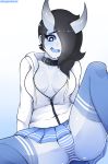  2019 ahegaokami big_breasts black_hair blue_clothing blue_eyes blue_skin blush bodily_fluids bottomwear breasts butt clothing collar collarbone demon eyebrows eyelashes female glistening glistening_hair glistening_skin gradient_background hair hair_over_eye hi_res hoodie horn horned_humanoid humanoid legwear long_hair looking_at_viewer open_mouth panties pattern_clothing pattern_underwear simple_background skindentation skirt solo spread_legs spreading stockings striped_clothing striped_panties striped_underwear stripes sweat sweatdrop thick_thighs thigh_highs topwear underwear white_hoodie zipper 