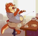  anthro belly brown_fur button_pop clothed clothing crepe cup cutlery detailed_background eating food fork fur hi_res holding_food holding_object inside kitchen_utensils lotic male mammal mustela mustelid musteline navel open_mouth overweight overweight_male plate sitting solo straining_buttons surprise tan_fur tools 
