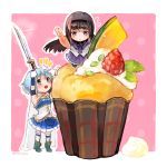  2girls akemi_homura bangs black_hair blue_eyes blue_hair bow bowtie cape chibi cupcake food fruit headband highres long_hair looking_up mahou_shoujo_madoka_magica miki_sayaka multiple_girls mzk0526 open_mouth short_hair skirt smile sweatdrop sword trowel twitter_username weapon 