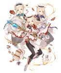  3girls animal_ears blonde_hair cake cosplay feathers final_fantasy food full_body gloves hat ji_no macaron multiple_girls official_art pantyhose pig_ears plump purple_eyes sandwich sinoalice skinny smile staff three_little_pigs_(sinoalice) transparent_background upper_teeth vial white_mage white_mage_(cosplay) wide_sleeves 