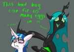  absurd_res arthropod bloodshot_eyes blue_hair changeling dialogue duo english_text equid friendship_is_magic green_hair green_sclera hair hi_res horn mammal meme my_little_pony queen_chrysalis_(mlp) shining_armor_(mlp) slap text underpable unicorn 