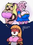  2019 accessory anthro big_breasts blonde_hair breast_size_difference breasts cleavage clothed clothing demon digital_media_(artwork) english_text eyes_closed female fish hair hair_accessory hi_res huge_breasts imp mammal marine moaina mouse mr.under murid murine open_mouth rodent shark short_stack simple_background smile teeth text thick_thighs tiffy_cheesecake violet_(rammerscafe) wide_hips 