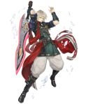  1boy blonde_hair blue_eyes boots crossover crystal final_fantasy_brave_exvius full_body ji_no looking_at_viewer official_art rain_(ff_be) serious sinoalice solo sword transparent_background vambraces waist_cape weapon 
