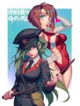  2girls belt blue_eyes bunny_higgins copyright_name elbow_gloves g_gundam gloves green_hair gundam hair_over_one_eye hat holster looking_at_viewer military military_uniform multiple_girls nastasha_zabigov necktie one_eye_closed red_hair riding_crop rotix round_eyewear sam_browne_belt short_hair uniform white_gloves 