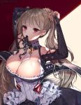  1girl arms_up azur_lane between_breasts black_dress black_nails bow breasts bunching_hair cleavage collarbone commentary_request covered_nipples detached_collar dress earrings flight_deck formidable_(azur_lane) frilled_dress frills glint grey_hair hair_bow hair_tie_in_mouth has_bad_revision jewelry large_breasts lerome long_hair long_sleeves looking_at_viewer mouth_hold nail_polish red_eyes solo twintails two-tone_background upper_body very_long_hair 