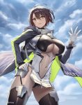  1girl ahoge azur_lane baltimore_(azur_lane) bangs black_legwear blue_coat blue_sky blush braid breasts brown_hair center_opening closed_mouth cuboon hair_between_eyes hand_on_hip highres hooded_coat large_breasts looking_at_viewer midriff_cutout navel short_hair sky smile solo thighhighs thighs underboob_cutout yellow_eyes zipper_pull_tab 