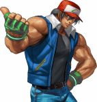  1boy baseball_cap belt black_hair bomber_jacket denim fatal_fury fingerless_gloves gloves hat jacket jeans muscle pants pokemon pokemon_(anime) satoshi_(pokemon) shirt smile solo t-shirt tank_top terry_bogard the_king_of_fighters vest 