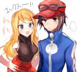  1boy 1girl black_hair blonde_hair blue_eyes breasts closed_mouth commentary_request hat jacket long_hair open_mouth pokemon pokemon_special shirt simple_background skirt white_background x_(pokemon) y_na_gaabena yuhi_(hssh_6) 