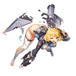  1girl ahoge ass bangs battle_damage blonde_hair blue_eyes breasts bruise damaged headgear highres injury last_origin leaning_forward mecha_musume no_panties official_art one_eye_closed open_mouth p/a-00_griffon rocket rocket_launcher solo thighhighs torn_clothes transparent_background weapon wings 