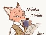  2016 4:3 anthro canid canine clothing cup disney eyewear fox fur glasses holding_cup holding_object male mammal newspaper nick_wilde rikuo_(artist) solo sweater_vest topwear vest zootopia 