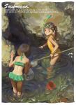  2girls alphonse_(white_datura) ass bag beach bikini bikini_skirt brown_hair bucket casual_one-piece_swimsuit english_text fish goggles goggles_on_head green_bikini grin highres kneepits legs long_hair multiple_girls net ocean one-piece_swimsuit original outdoors outstretched_arm plastic_bag pointing short_hair smile snorkel swimsuit twintails wading water yellow_swimsuit 