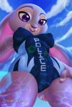  2019 anthro breasts buckteeth camel_toe clothing disney ears_down english_text female judy_hopps lagomorph leporid looking_at_viewer low-angle_view mammal nipple_outline one-piece_swimsuit open_mouth open_smile outside pivoted_ears purple_eyes rabbit scificat signature smile solo swimwear teeth text url zootopia 