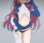  1girl absurdres azur_lane belly blush commentary english_commentary grey_background head_out_of_frame heart highres jacket long_hair navel panties pussy_juice red_hair shirt_lift simple_background single_thighhigh solo spoken_heart stanly_(azur_lane) thighhighs underwear white_legwear xandier59 
