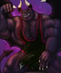  5_fingers abs anthro balls_outline biceps big_muscles biped bodily_fluids body_hair bulge chest_hair clothing cum cum_through_clothing dragaux dragon fingers gatorbeast genital_fluids hi_res horn male muscular muscular_male pecs penis_outline pose purple_background ring_fit_adventure scalie simple_background smile solo sweat wet wet_clothing white_horn wings 
