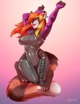  ailurid angrboda anthro breasts clothed clothing digital_media_(artwork) female fur gloves hair handwear hi_res long_hair looking_at_viewer mammal open_mouth red_hair red_panda rubber simple_background smile solo wide_hips 