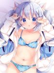  1girl animal_ears blue_bra blue_eyes blue_hair blue_panties blush bra cat_ears cat_girl cat_tail commentary_request eyebrows_visible_through_hair gochuumon_wa_usagi_desu_ka? hair_between_eyes hair_ornament hairclip hands_in_hair jacket kafuu_chino long_hair looking_at_viewer navel open_clothes open_jacket open_mouth open_shirt panties rabbit_house_uniform ribbon rikatan shirt smile solo tail underwear undressing white_shirt x_hair_ornament 