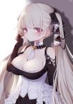  1girl azur_lane backlighting bare_shoulders between_breasts black_bow black_dress blush bow breasts cleavage closed_mouth collarbone commentary_request dress earrings formidable_(azur_lane) frilled_dress frills grey_hair hair_bow hand_up highres jewelry koko_ne_(user_fpm6842) large_breasts long_hair long_sleeves looking_at_viewer red_eyes shoulder_cutout signature sleeves_past_wrists solo stud_earrings twintails very_long_hair 