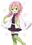  1girl :d absurdres agung_syaeful_anwar bangs belt belt_buckle black_jacket black_skirt blush braid buckle eyebrows_visible_through_hair feet_out_of_frame gradient_hair green_eyes green_hair green_legwear hair_between_eyes heart highres jacket kanroji_matsuri kimetsu_no_yaiba long_hair long_sleeves looking_at_viewer multicolored_hair no_shoes open_clothes open_mouth pink_hair pleated_skirt simple_background skirt sleeves_past_wrists smile standing standing_on_one_leg thighhighs twin_braids twintails very_long_hair white_background white_belt wide_sleeves younger 