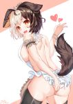 1girl absurdres animal_ears apron ass black_hair breasts deogho_(liujinzy9854) dog_ears dog_girl dog_tail fang from_behind hachiko_(last_origin) highres large_breasts last_origin looking_at_viewer looking_back multicolored_hair nearly_naked_apron open_mouth red_eyes short_hair smile solo tail thighhighs two-tone_hair white_hair wrist_cuffs 