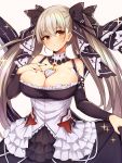  1girl azur_lane bangs bare_shoulders between_breasts black_dress blush breasts cleavage dress formidable_(azur_lane) frilled_dress frills grey_hair hair_ribbon highres large_breasts long_hair looking_at_viewer mou_tama_maru red_eyes ribbon simple_background solo sparkle twintails two-tone_dress two-tone_ribbon white_background 