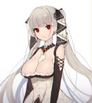  1girl acidear azur_lane between_breasts breasts cleavage earrings expressionless eyebrows_visible_through_hair formidable_(azur_lane) hair_ribbon highres jewelry large_breasts long_hair looking_at_viewer parted_lips red_eyes ribbon silver_hair simple_background solo twintails very_long_hair 