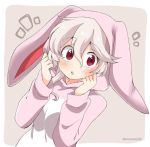  1girl animal_ears animal_hood bunny_ears bunny_hood corrin_(fire_emblem) corrin_(fire_emblem)_(female) eromame fake_animal_ears fire_emblem fire_emblem_fates hood long_sleeves manakete open_mouth pink_background red_eyes simple_background solo twitter_username upper_body white_hair 