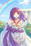  1girl bare_shoulders blush dress fire_emblem fire_emblem:_path_of_radiance fire_emblem_heroes flower gloves hanasaki_komugi headband jewelry long_hair looking_at_viewer open_mouth purple_hair ribbon sanaki_kirsch_altina short_hair simple_background smile solo wedding_dress white_dress yellow_eyes 