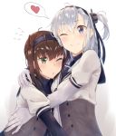  2girls black_headband black_sailor_collar blue_eyes blush bodysuit breasts brown_hair eyebrows_visible_through_hair flying_sweatdrops green_eyes hachimaki hair_flaps hair_ornament happy hatsuzuki_(kantai_collection) headband heart hiiragii_(hiiragi_0404) hug jewelry kantai_collection long_hair looking_at_viewer multiple_girls one_eye_closed one_side_up open_mouth propeller_hair_ornament ribbon ring sailor_collar short_hair silver_hair simple_background smile spoken_heart suzutsuki_(kantai_collection) wedding_band white_bodysuit white_neckwear 