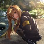  1girl akabane_hibame bangs black_legwear blush breasts brown_eyes brown_hair day eyebrows_visible_through_hair fingerless_gloves girls_frontline gloves hair_between_eyes hair_ornament hairclip highres jacket long_hair looking_at_viewer open_mouth outdoors pantyhose ribbon scar scar_across_eye skirt smile squatting twintails ump9_(girls_frontline) 