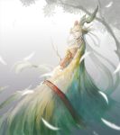  1girl absurdly_long_hair bell closed_mouth feathers grey_background hair_ornament hair_rings hair_stick head_wings jingle_bell long_hair looking_at_viewer makeup onmyoji red_lips sash solo tenshin_kagehisa tree ubume_(onmyoji) very_long_hair white_hair wide_sleeves winged_arms wings 