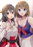  2girls :d aa_(sin2324) bangs bare_shoulders black_hair blue_eyes blue_shirt breasts brown_eyes brown_hair cleavage commentary_request detached_sleeves eyebrows_visible_through_hair hair_between_eyes hair_ornament hairclip haruna_(kantai_collection) headgear highres japanese_clothes kantai_collection kimono long_hair long_sleeves looking_at_viewer maya_(kantai_collection) medium_breasts midriff multiple_girls navel open_mouth pleated_skirt red_neckwear red_skirt ribbon-trimmed_sleeves ribbon_trim sailor_collar shirt skirt sleeveless sleeveless_kimono sleeveless_shirt smile white_kimono white_sailor_collar white_skirt white_sleeves wide_sleeves x_hair_ornament 