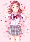  1girl arms_up bangs blush bow bowtie breasts cherry_blossoms collarbone earrings flower hair_flower hair_ornament hair_over_shoulder hiro9779 jewelry long_hair looking_at_viewer love_live! love_live!_sunshine!! pink_background plaid plaid_skirt pleated_skirt red_hair sakurauchi_riko school_uniform shirt short_sleeves skirt small_breasts smile striped striped_neckwear uniform white_shirt yellow_eyes 
